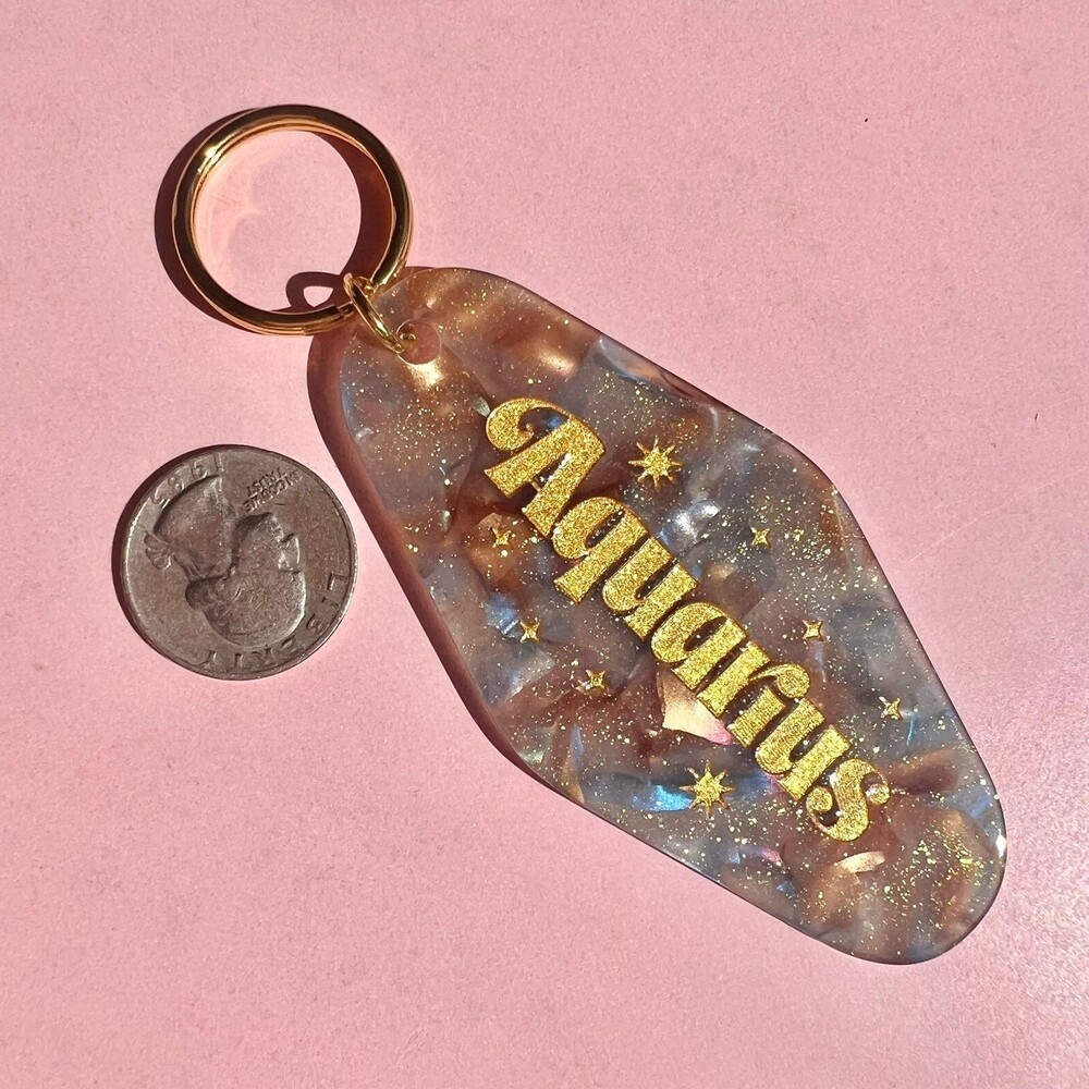 Aquarius Horoscope Astrology Engraved Gold Glitter Reflective Keychain
